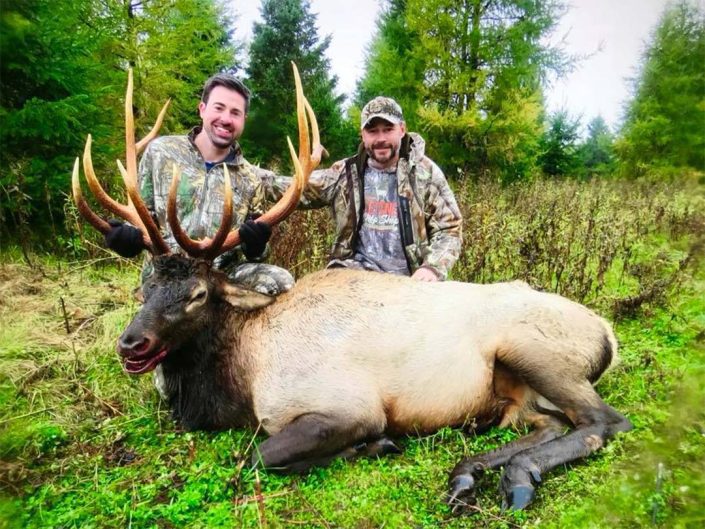 two people pose with an Elk they have killed